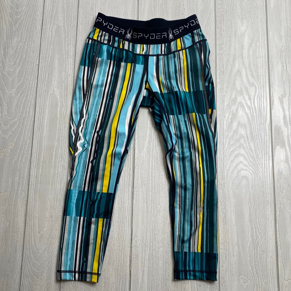Spyder Blue Green & Yellow Freeze Stripe Print Slash Capri Leggings Size Small